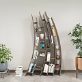 Stylish Modern Curved Wooden Bookcase With Books Decorative Items And Potted Plants
