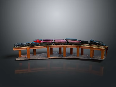 Model Train on Curved Wooden Track with Colorful Carriages and Support Pillars 3d model