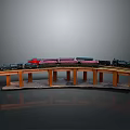 Model Train on Curved Wooden Track with Colorful Carriages and Support Pillars