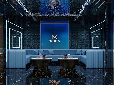Luxury XC KTV Interior With Blue Decor Sofas Marble Tables And Mirrored Floor 3d model