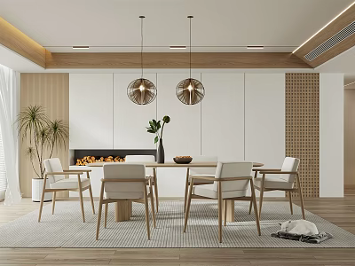 Modern Restaurant Interior With Wooden Dining Table Chairs Two Pendant Lights Fireplace And Green Plants 3d model