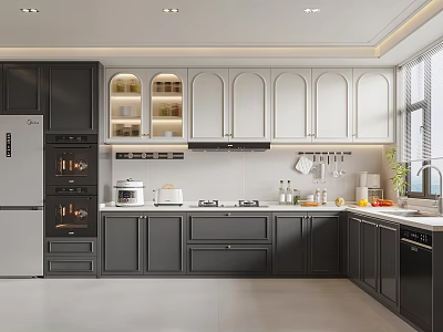 Modern Kitchen Interior With Dark And Light Cabinets Countertop And Appliances 3d model