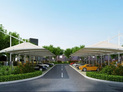 Scenic Parking Lot Featuring White Canopies Parked Cars Trees And Central Road 3d model