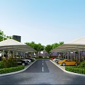 Scenic Parking Lot Featuring White Canopies Parked Cars Trees And Central Road
