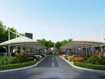 Scenic Parking Lot Featuring White Canopies Parked Cars Trees And Central Road 3d model
