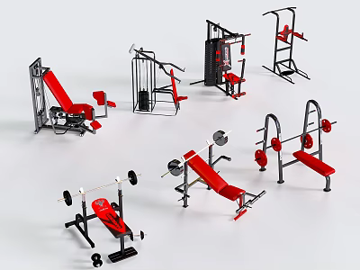 Various Red And Black Fitness Equipment Including Weight Benches Barbells And Machines 3d model