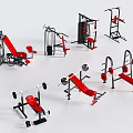 Various Red And Black Fitness Equipment Including Weight Benches Barbells And Machines