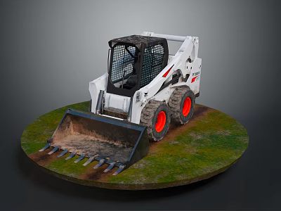 White Skid Steer Utility Vehicle With Front Bucket And Red Wheels On Green Grass 3d model