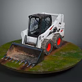 White Skid Steer Utility Vehicle With Front Bucket And Red Wheels On Green Grass