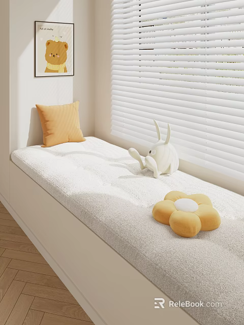 Cozy Window Seat with Soft Cushion Yellow Pillow Rabbit Plush Flower Toy and White Blinds 3d model 