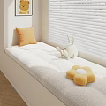 Cozy Window Seat with Soft Cushion Yellow Pillow Rabbit Plush Flower Toy and White Blinds