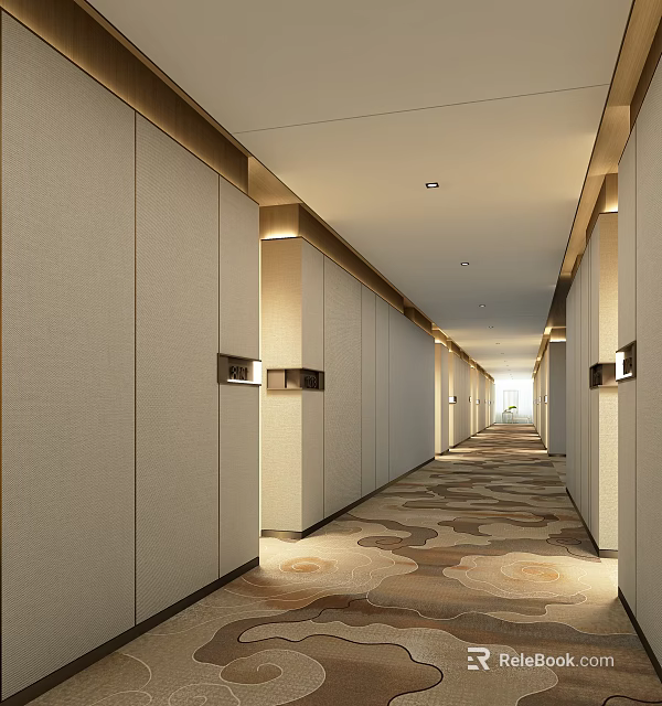 Modern Hotel Corridor With Beige Walls Wooden Trim Patterned Carpet And Recessed Lighting 3d model 