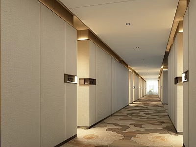 Modern Hotel Corridor With Beige Walls Wooden Trim Patterned Carpet And Recessed Lighting 3d model