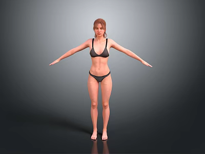 Woman in black bikini posing with arms outstretched standing on dark background 3d model