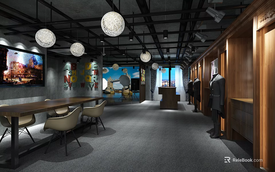 Modern Clothing Store Interior With Men's Suits Mannequins Hanging Lights And Seating Area 3d model 