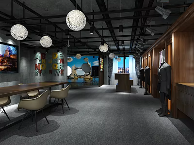 Modern Clothing Store Interior With Men's Suits Mannequins Hanging Lights And Seating Area 3d model