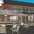 Modern Wooden House Exterior With Outdoor Lounge White Umbrellas And Red Leaf Trees