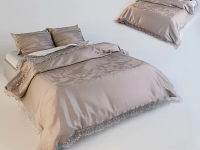 Elegant Beige Double Bed With Lace Trim Bedding And Soft Comforter 3d model