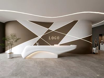 Modern Front Reception Area With White Curved Desk Geometric Wall Design And Decorative Plant Lighting 3d model