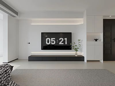 Modern Minimalist TV Wall Design with Built-in TV Black Cabinet and White Storage Cabinets 3d model