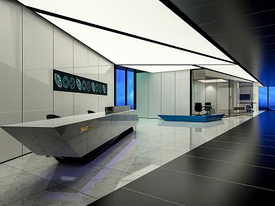 Modern Front Desk Reception Area Design With Marble Counter Lighting And Open Space 3d model