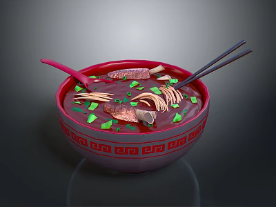 Delicious Red Bowl Soup Served with Noodles Meat Slices Green Onions Chopsticks Spoon 3d model