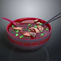 Delicious Red Bowl Soup Served with Noodles Meat Slices Green Onions Chopsticks Spoon