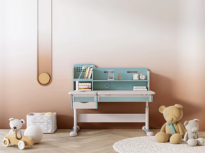 Light Blue Kids Desk With Bookshelf Toys And Wooden Floor In Gradient Wall Room 3d model