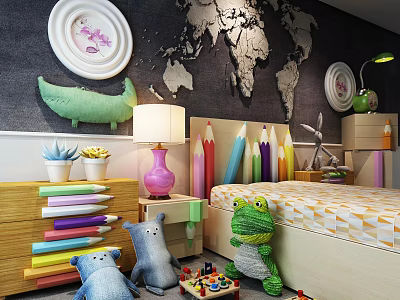 Kids Bed With Frog Plush Toy Colorful Crayon Decorations World Map Wall And Wooden Storage 3d model