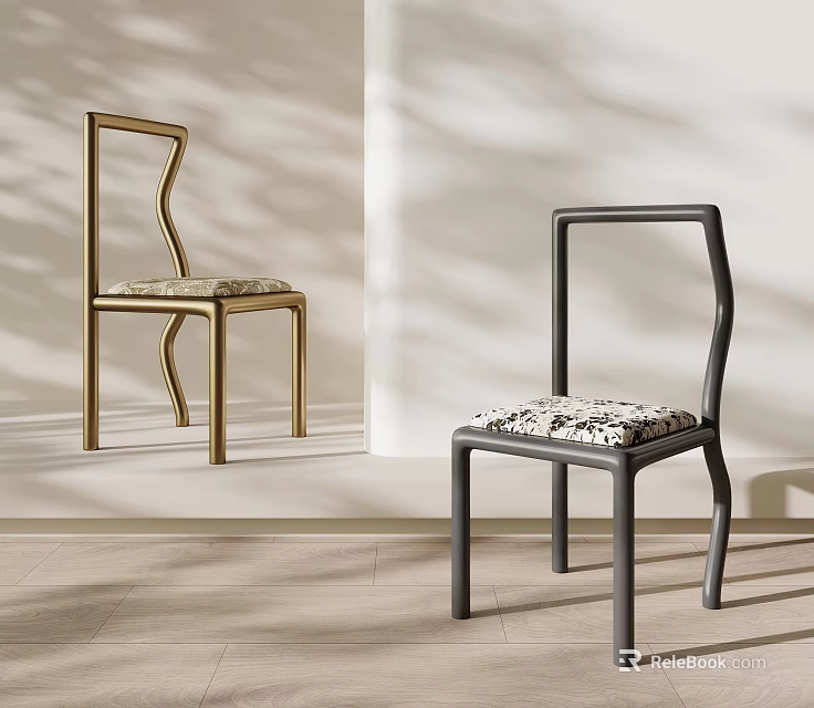 Elegant Curved Metal Frame Dining Chairs With Patterned Fabric Cushions For Modern Luxury Home Decor 3d model 