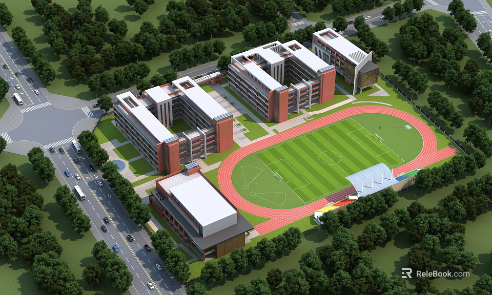 School Building Complex With Red White Facades Green Football Field Track And Lush Trees 3d model 