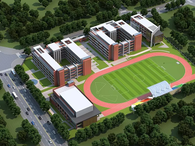 School Building Complex With Red White Facades Green Football Field Track And Lush Trees 3d model
