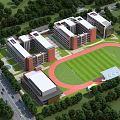 School Building Complex With Red White Facades Green Football Field Track And Lush Trees