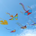 Colorful Kites With Various Shapes And Bright Patterns On Blue Background