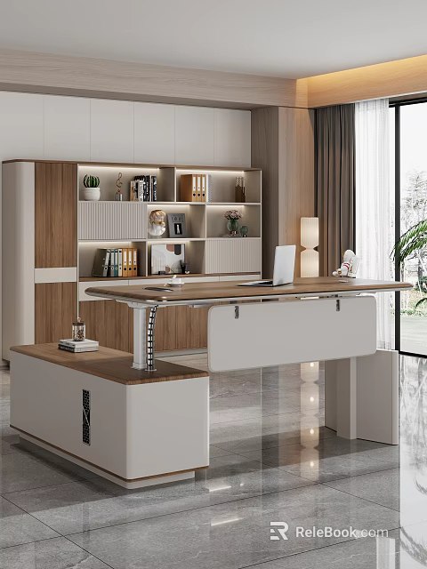 Modern Office Desk With Wooden White Design Bookshelf Green Plants Laptop And Lamp 3d model 