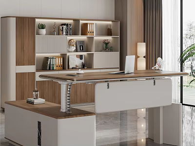 Modern Office Desk With Wooden White Design Bookshelf Green Plants Laptop And Lamp 3d model