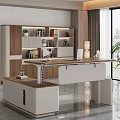 Modern Office Desk With Wooden White Design Bookshelf Green Plants Laptop And Lamp