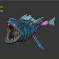 Fantasy Blue Fish Creature with Open Mouth Sharp Teeth and Glowing Purple Fins 3D Render