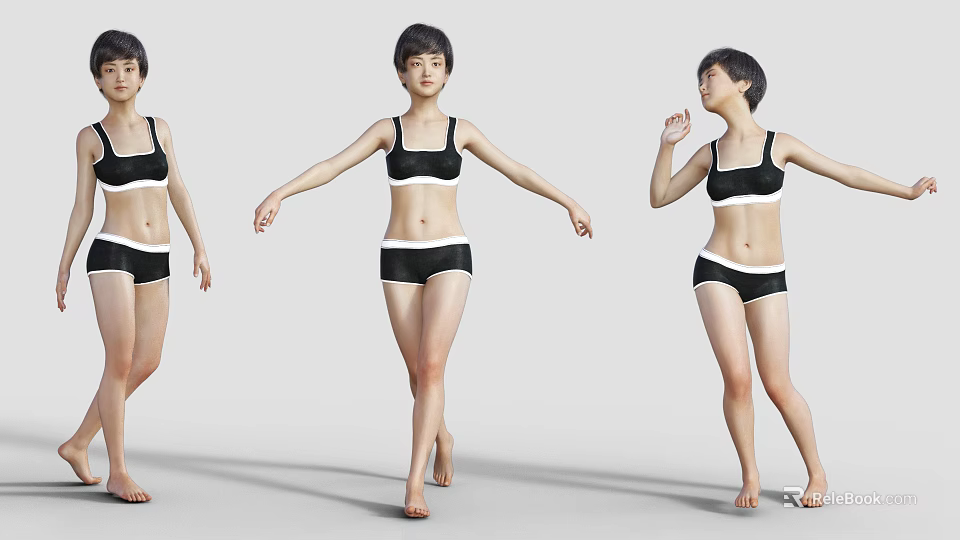 Woman in Black Sports Bra and Shorts Demonstrating Different Fitness Poses 3d model 