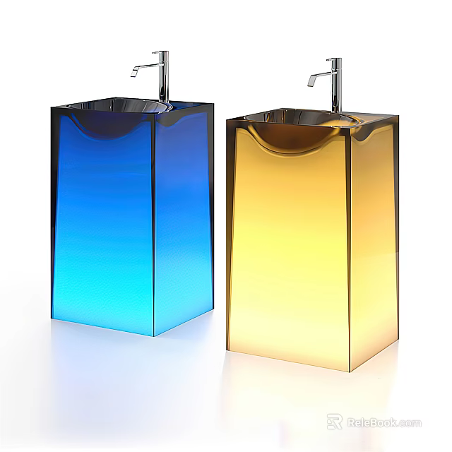 Contemporary Blue and Yellow Glass Washbasins with Sleek Faucets in Modern Design 3d model 
