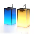 Contemporary Blue and Yellow Glass Washbasins with Sleek Faucets in Modern Design
