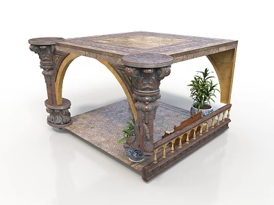 Ornate Furniture Piece Featuring Square Tabletop Arched Structure Columns Railing And Potted Plants 3d model