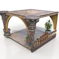 Ornate Furniture Piece Featuring Square Tabletop Arched Structure Columns Railing And Potted Plants