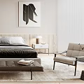 Modern Bedroom Interior With King Bed Nightstands Hanging Lamp Accent Chair And Abstract Art