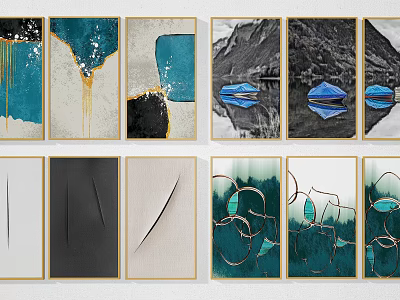 Modern Abstract Paintings With Blue Black White Tones Geometric Shapes And Gold Frames 3d model