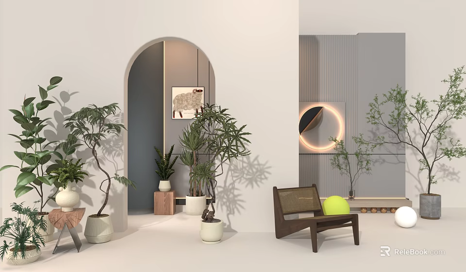 Indoor Plant Combination With Various Potted Plants Modern Interior Archway And Circular Light 3d model 