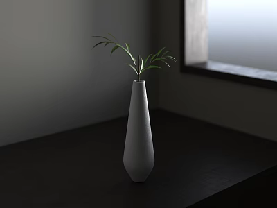 White Conical Vase With Green Leaves On Dark Wooden Table By Window 3d model