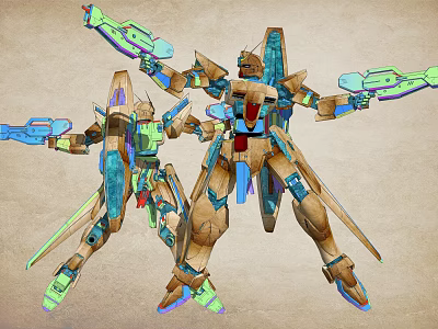 Two Vibrant Robot Action Figures With Futuristic Weapons And Detailed Armor 3d model