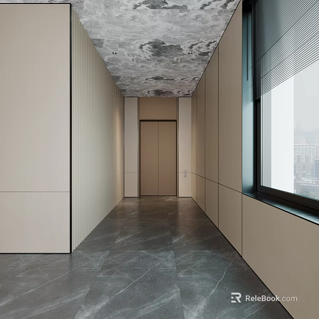 Elevator Hallway Featuring Beige Walls Dark Marble Flooring Textured Ceiling And City View Window 3d model