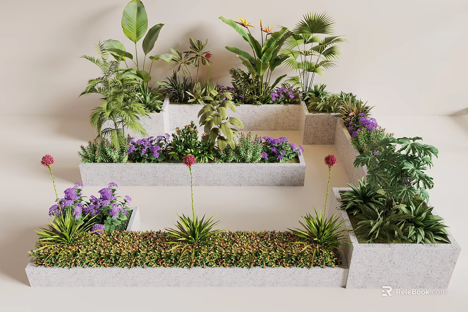 Modern Planters With Diverse Tropical Plants Arrangement 3d model 